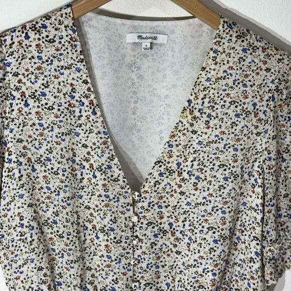 Madewell Ivory Blouse Size S Fieldwalk Ditsy Floral Silk V-Neck Peplum buttons - Picture 4 of 10